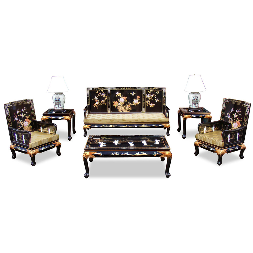 Black Lacquer Mother of Pearl Oriental Living Room Set (6pcs)