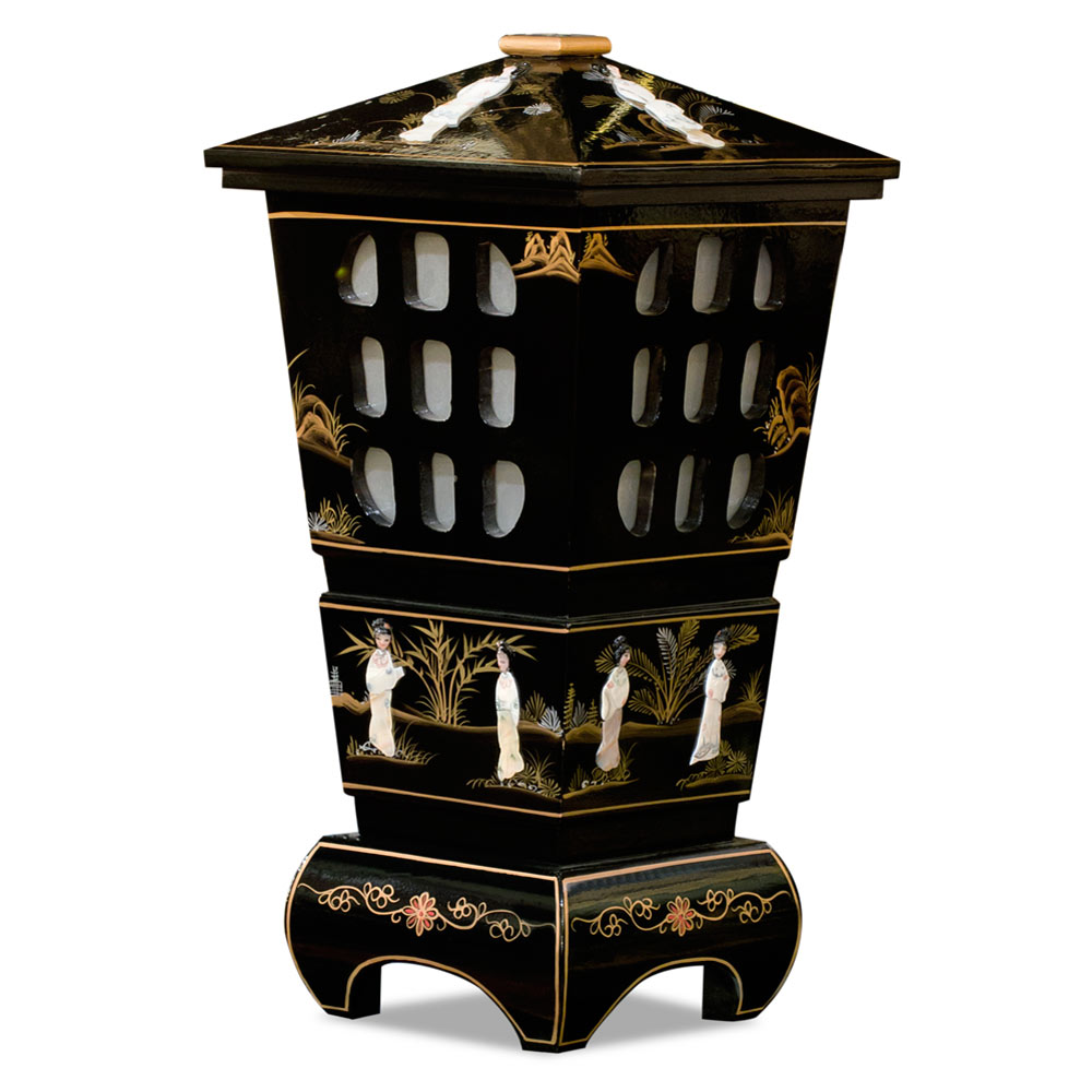 Black Lacquer Mother of Pearl Oriental Pagoda Lantern