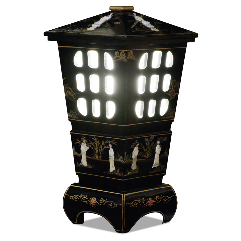 Black Lacquer Mother of Pearl Oriental Pagoda Lantern