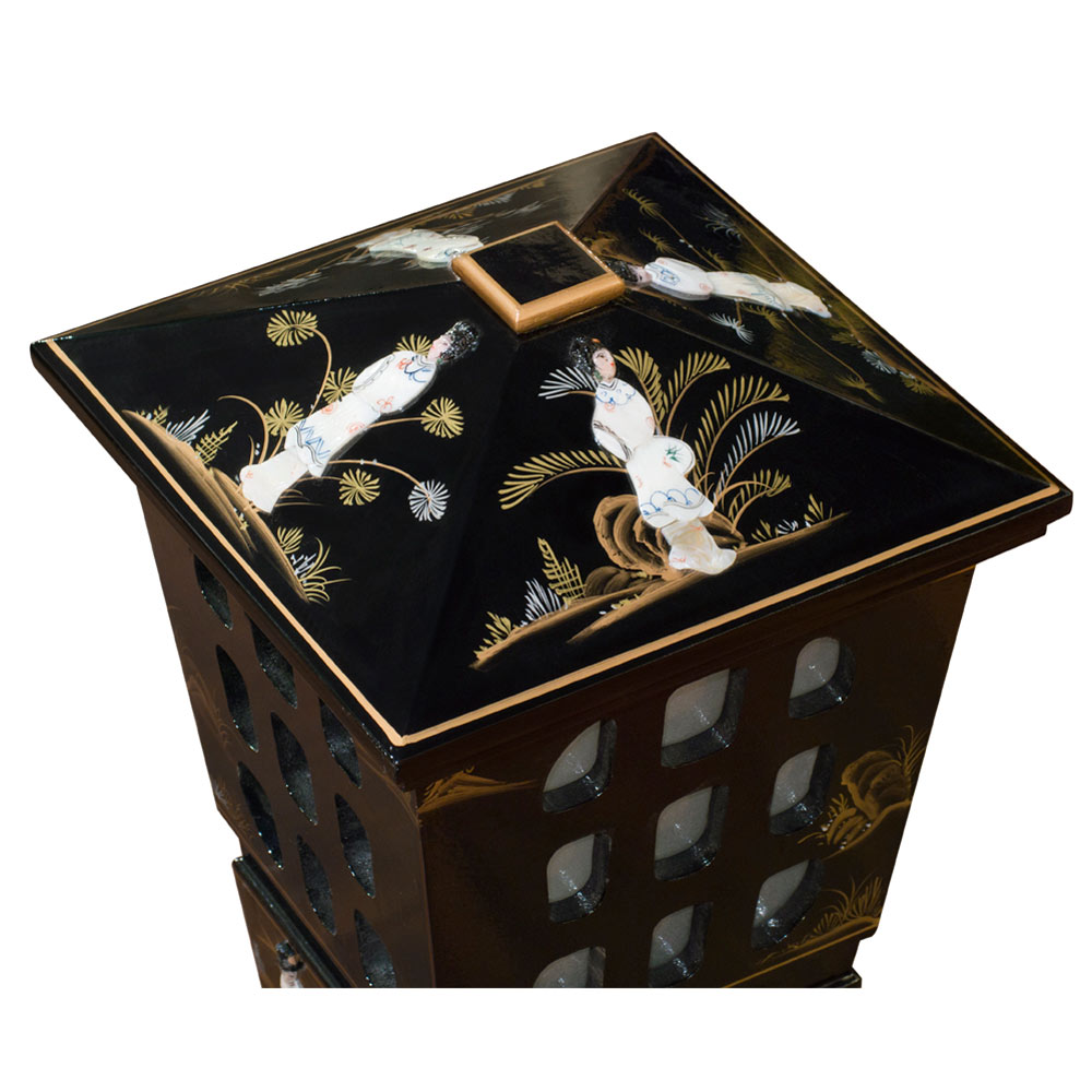 Black Lacquer Mother of Pearl Oriental Pagoda Lantern