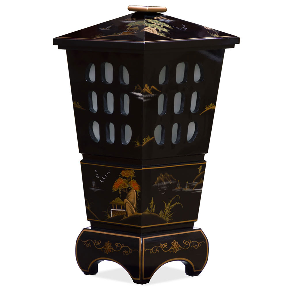 Black Lacquer Chinoiserie Scenery Oriental Pagoda Lantern