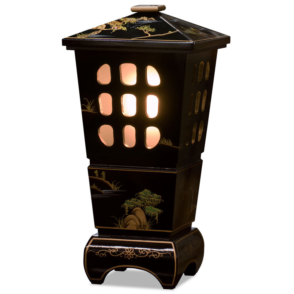 Black Lacquer Chinoiserie Scenery Oriental Pagoda Lantern