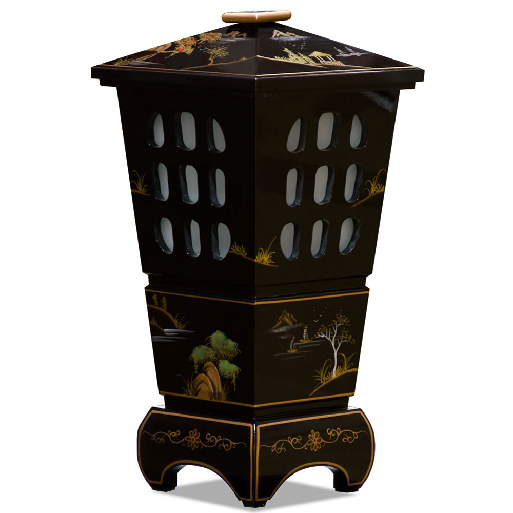 Black Lacquer Chinoiserie Scenery Oriental Pagoda Lantern