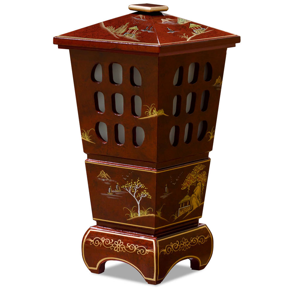 Red Lacquer Chinoiserie Scenery Oriental Pagoda Lantern