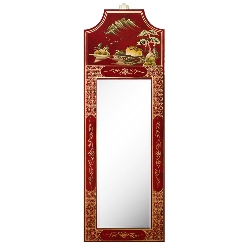 Chinoiserie Scenery Motif Panel Oriental Mirror