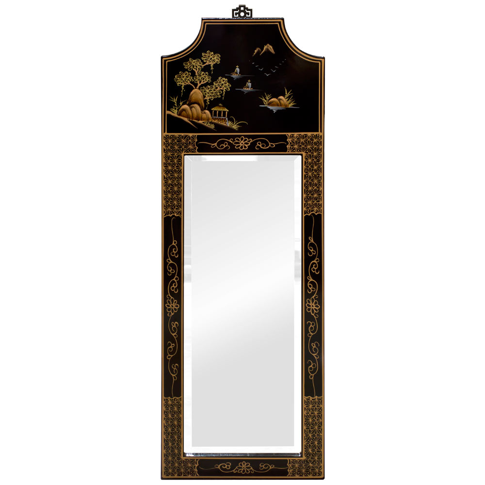 Black Lacquer Chinoiserie Scenery Motif Panel Oriental Mirror