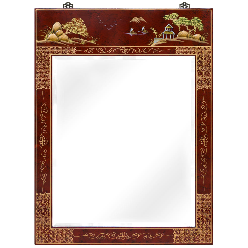 Red Lacquer Chinoiserie Scenery Motif Oriental Vertical Mirror