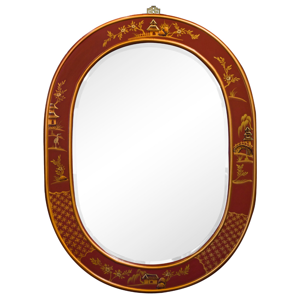 Chinoiserie Scenery Motif Oval Mirror