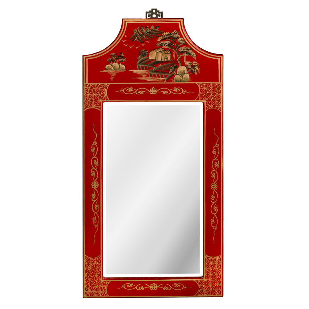 Red Chinoiserie Scenery Motif Panel Vanity Oriental Mirror