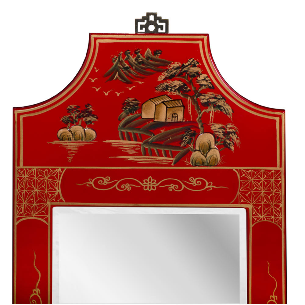 Red Chinoiserie Scenery Motif Panel Vanity Oriental Mirror