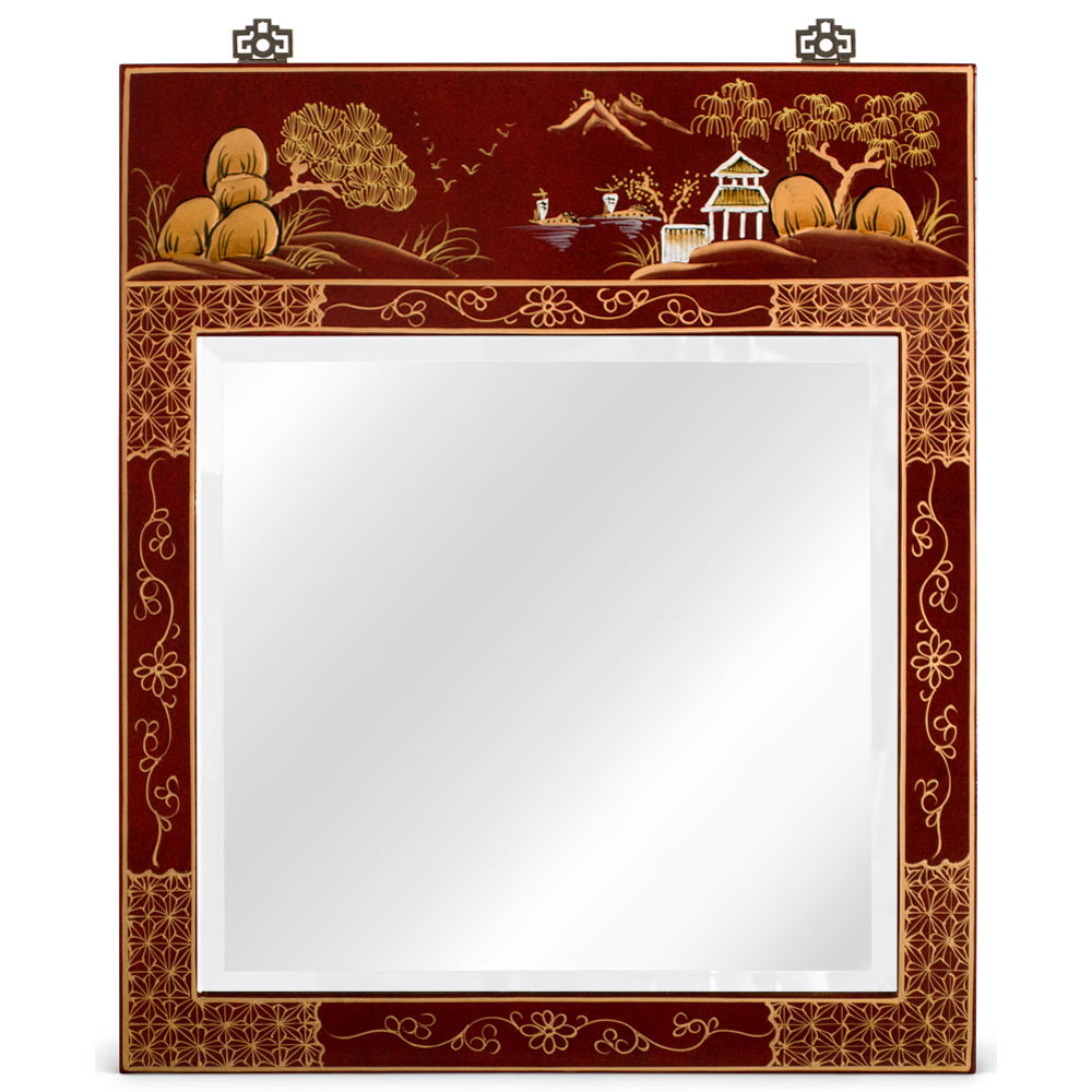 Red Lacquer Chinoiserie Scenery Motif Chinese Vertical Mirror