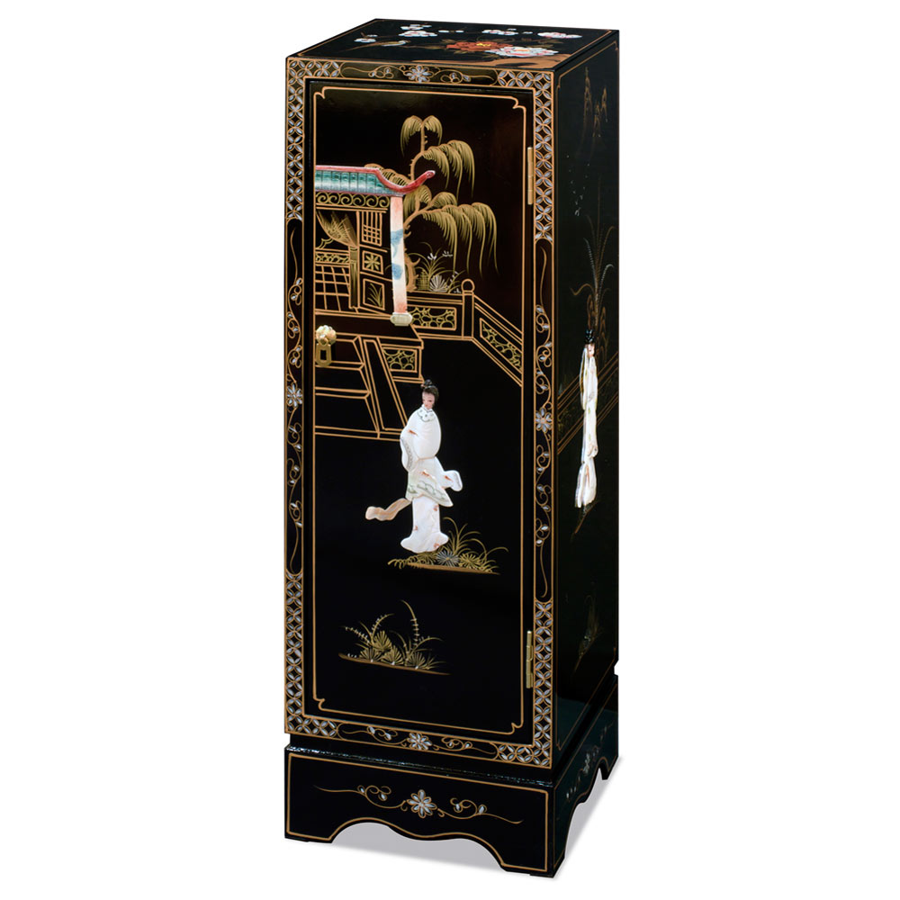 Black Lacquer Mother of Pearl Chinese Pedestal Cabinet