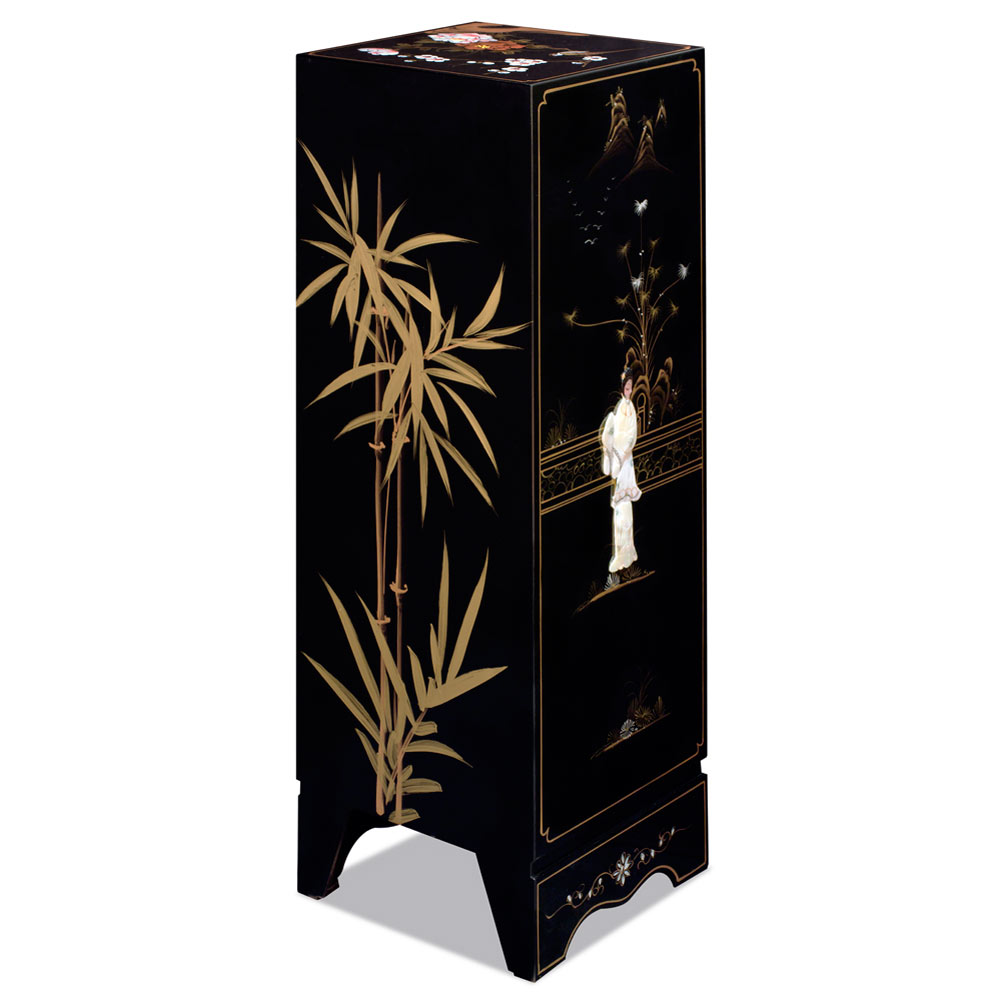 Black Lacquer Mother of Pearl Chinese Pedestal Cabinet