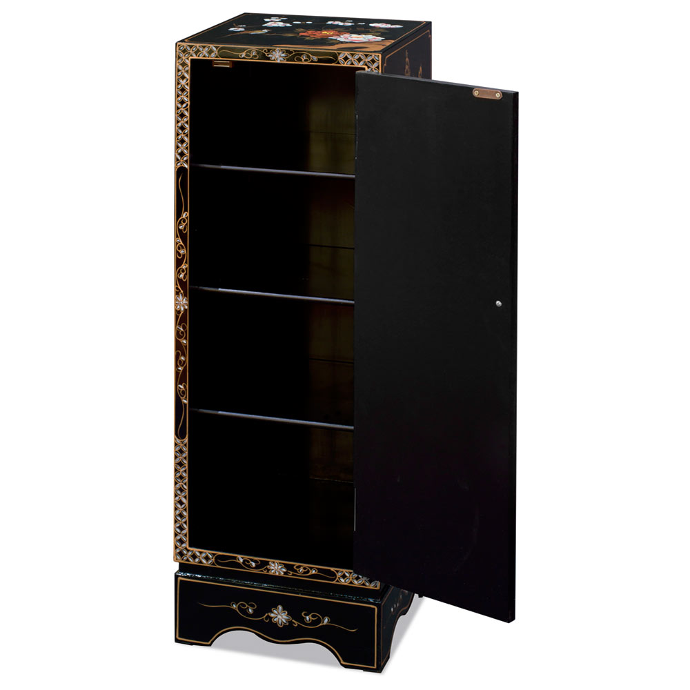 Black Lacquer Mother of Pearl Chinese Pedestal Cabinet