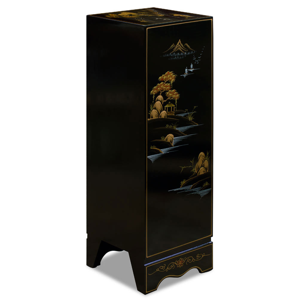 Black Lacquer Chinoiserie Chinese Pedestal Cabinet