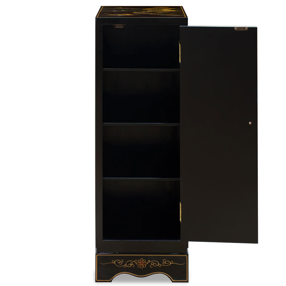 Black Lacquer Chinoiserie Chinese Pedestal Cabinet