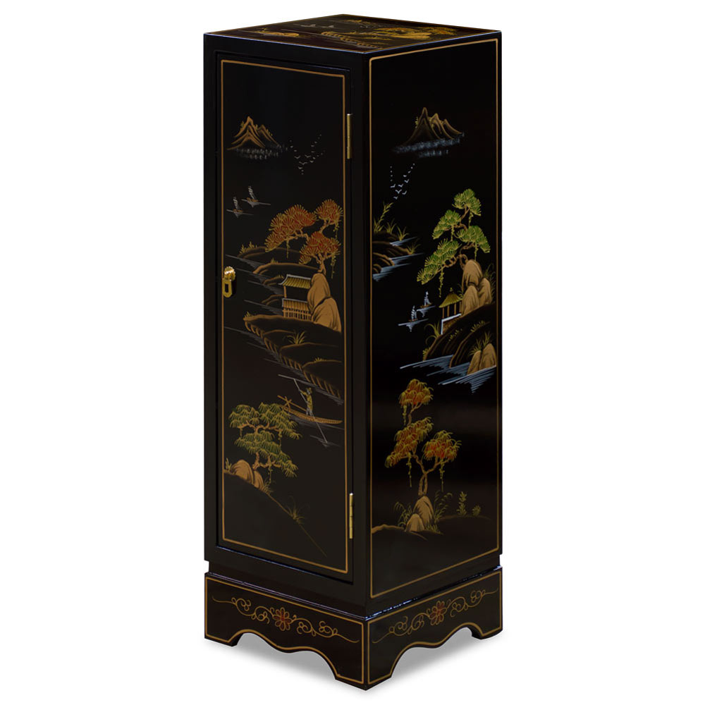 Black Lacquer Chinoiserie Chinese Pedestal Cabinet