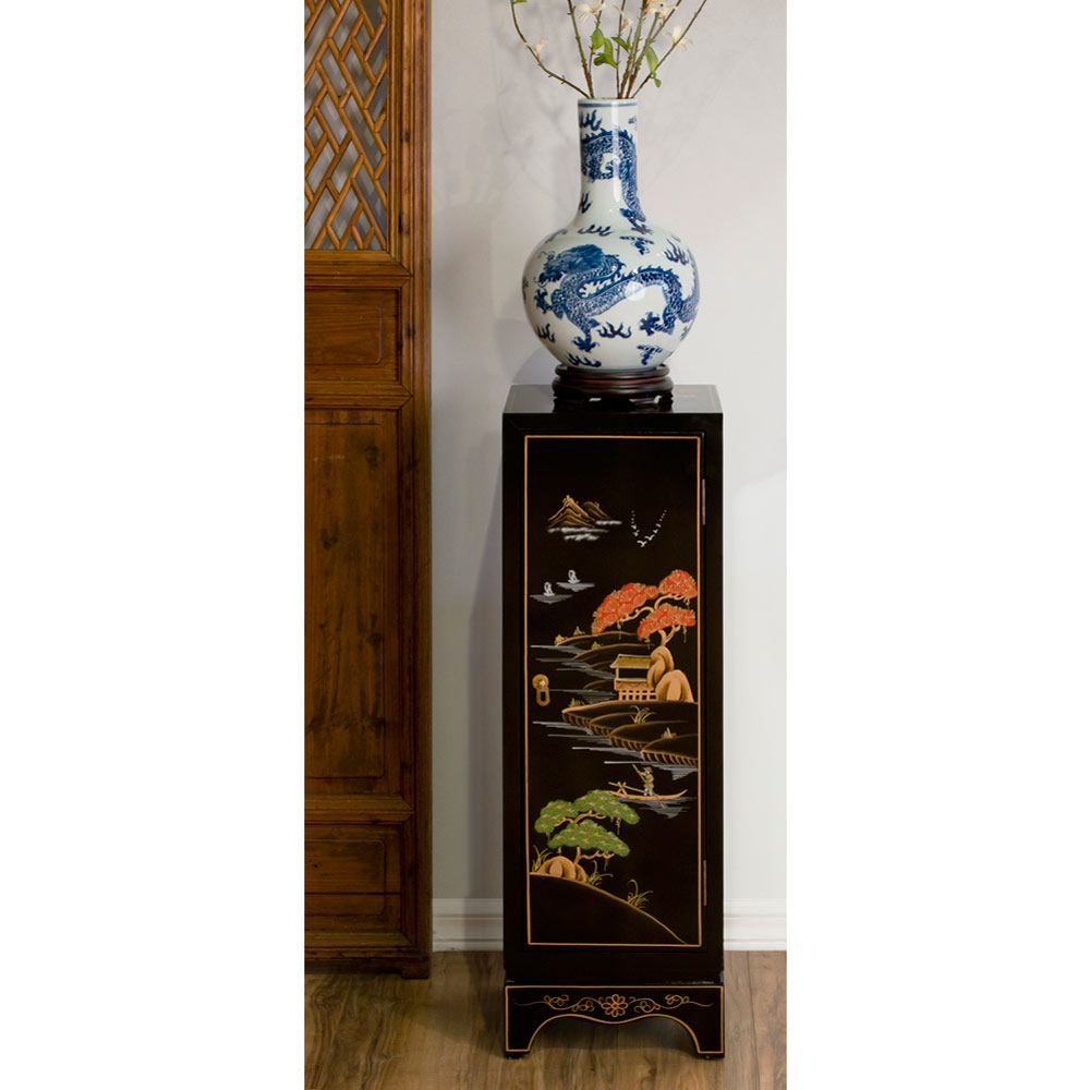 Black Lacquer Chinoiserie Chinese Pedestal Cabinet