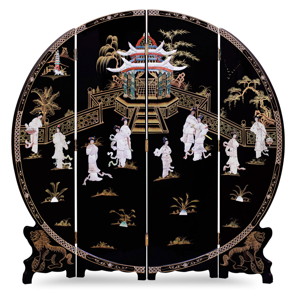 Black Lacquer Mother of Pearl Chinese Round Floor Screen