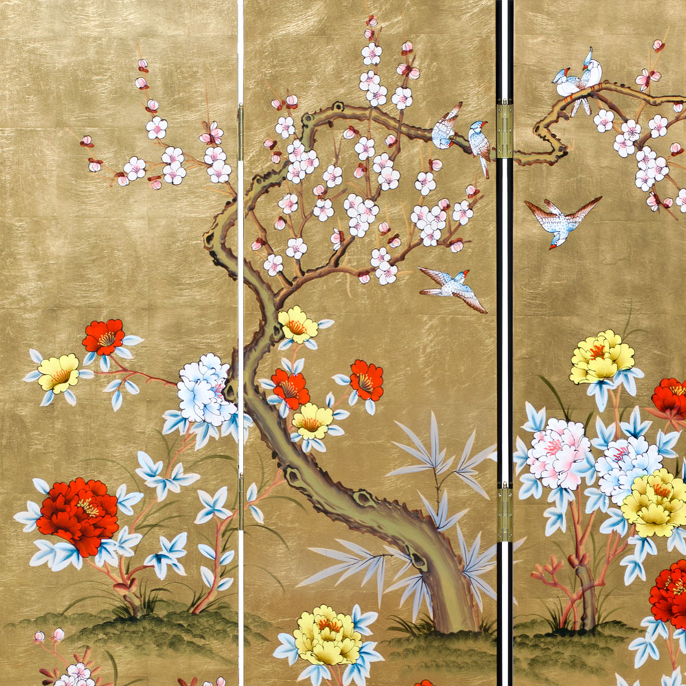 Gold Leaf Bird and Flower Asian Floor Screen
