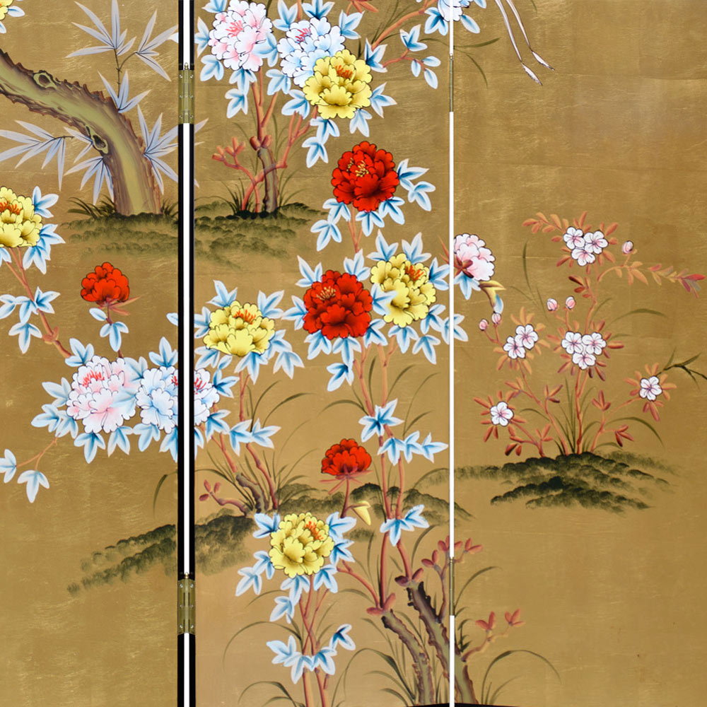 Gold Leaf Bird and Flower Asian Floor Screen