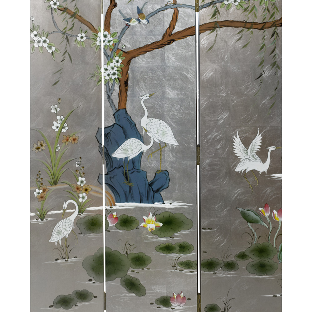 Silver Leaf Cranes in Lotus Pond Asian Floor Screen