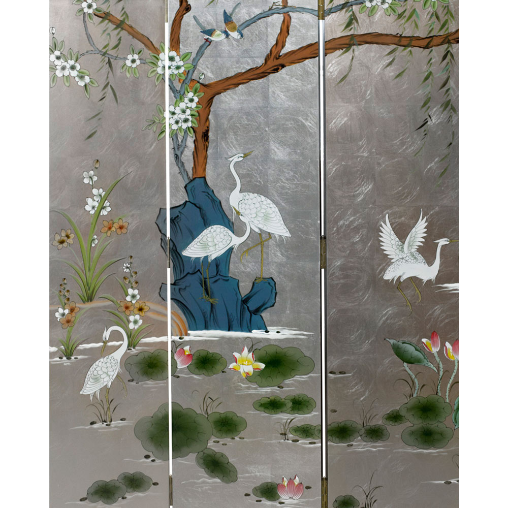 Silver Leaf Cranes in Lotus Pond Asian Floor Screen