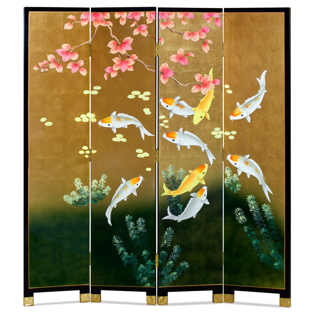 Gold Leaf Koi Fish Asian Floor Screen