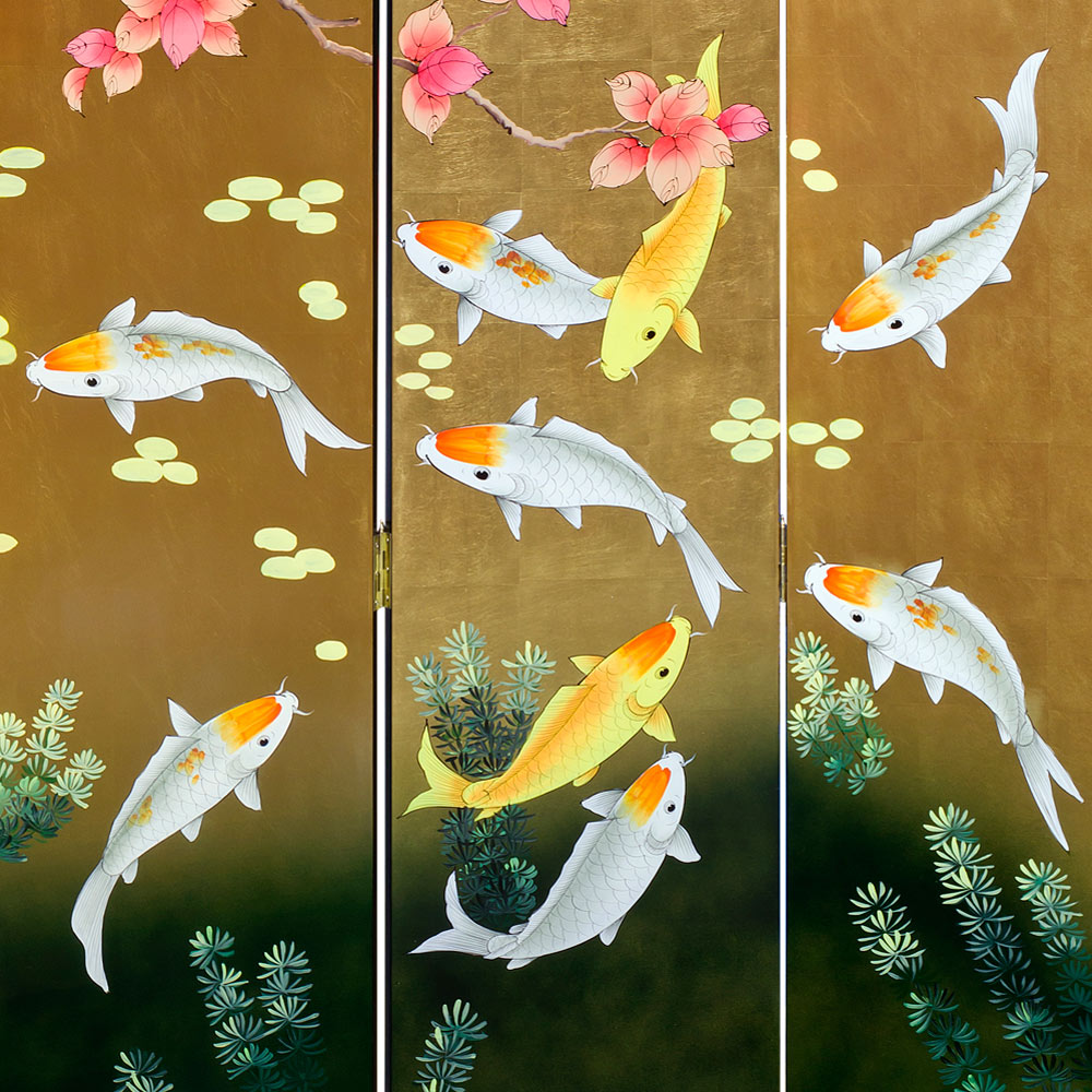 Gold Leaf Koi Fish Asian Floor Screen