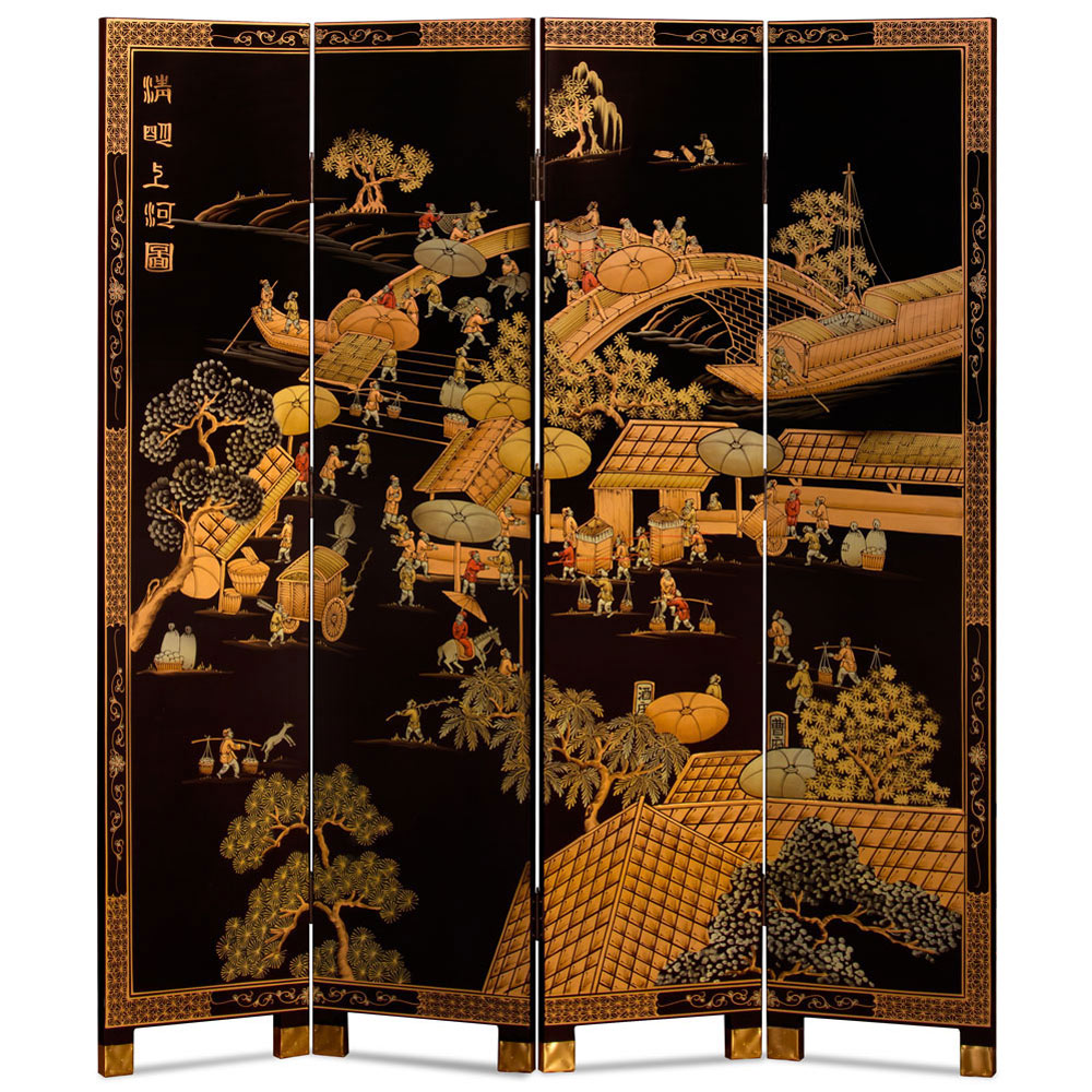 Chinoiserie Scenery Oriental Floor Screen with Spring Festival Scene