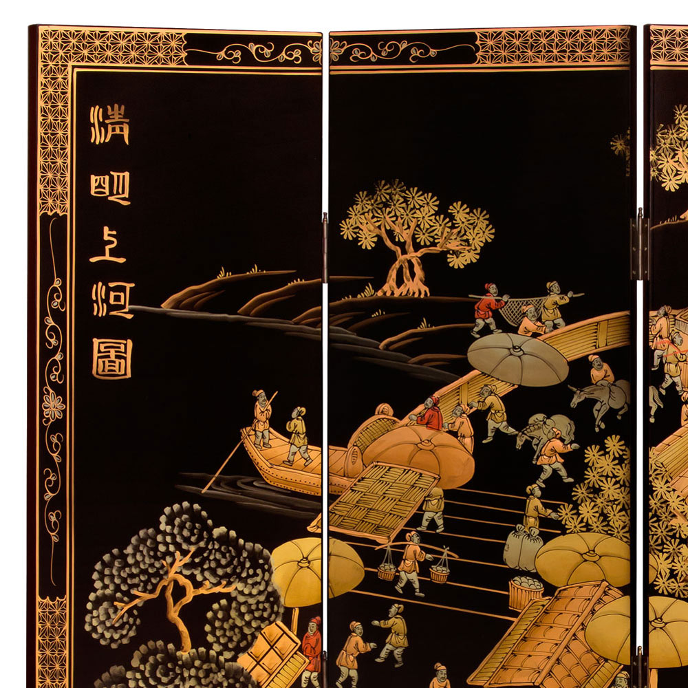 Chinoiserie Scenery Oriental Floor Screen with Spring Festival Scene