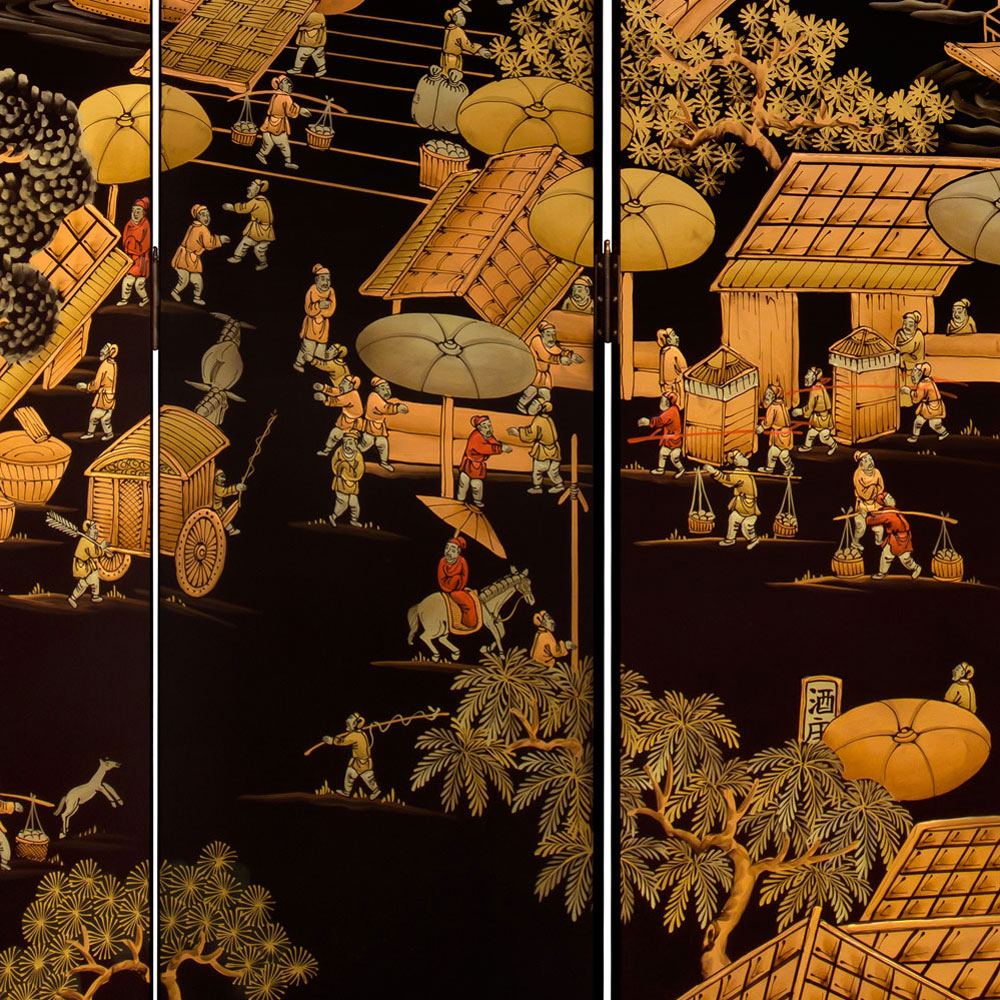 Chinoiserie Scenery Oriental Floor Screen with Spring Festival Scene