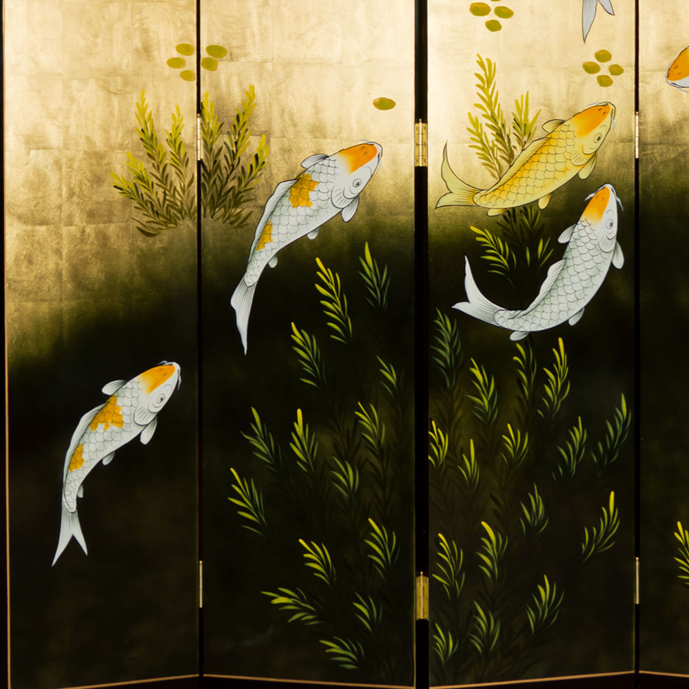 84 Inch Tall Gold Leaf Koi Fish Asian Floor Screen