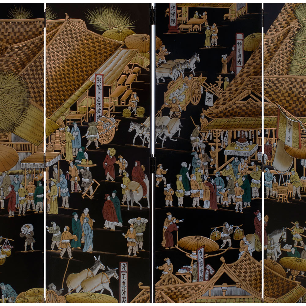 Chinoiserie Scenery 6 Panel Oriental Floor Screen with Spring Festival Scene