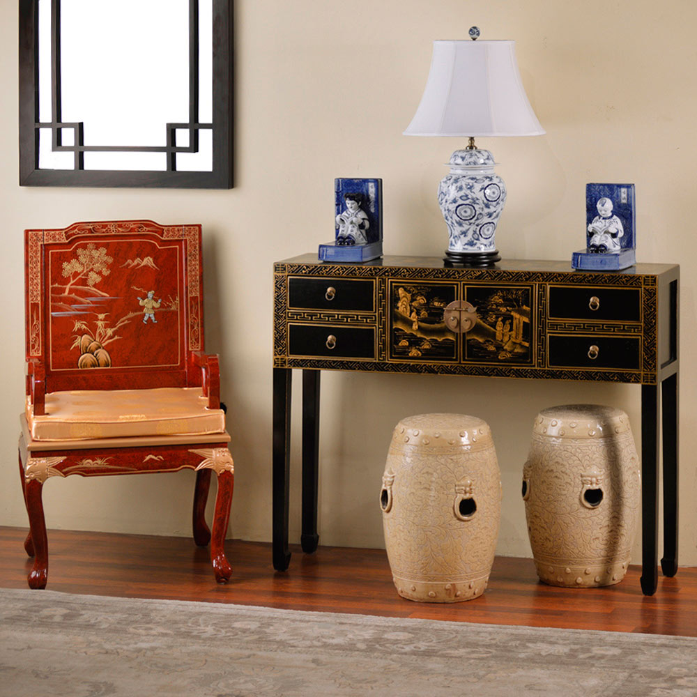 Hand Painted Chinoiserie Gold Scenery Chinese Black Elmwood Console Table