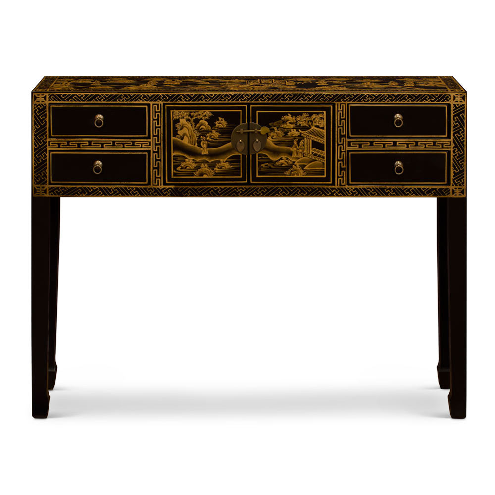 Hand Painted Chinoiserie Gold Scenery Chinese Black Elmwood Console Table