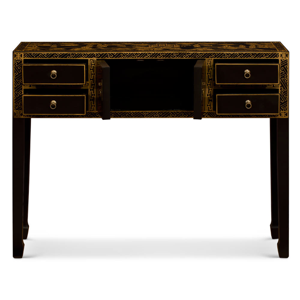 Hand Painted Chinoiserie Gold Scenery Chinese Black Elmwood Console Table