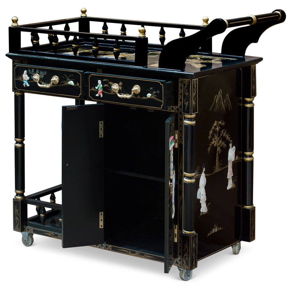 Black Lacquer Mother of Pearl Chinese Tea Cart