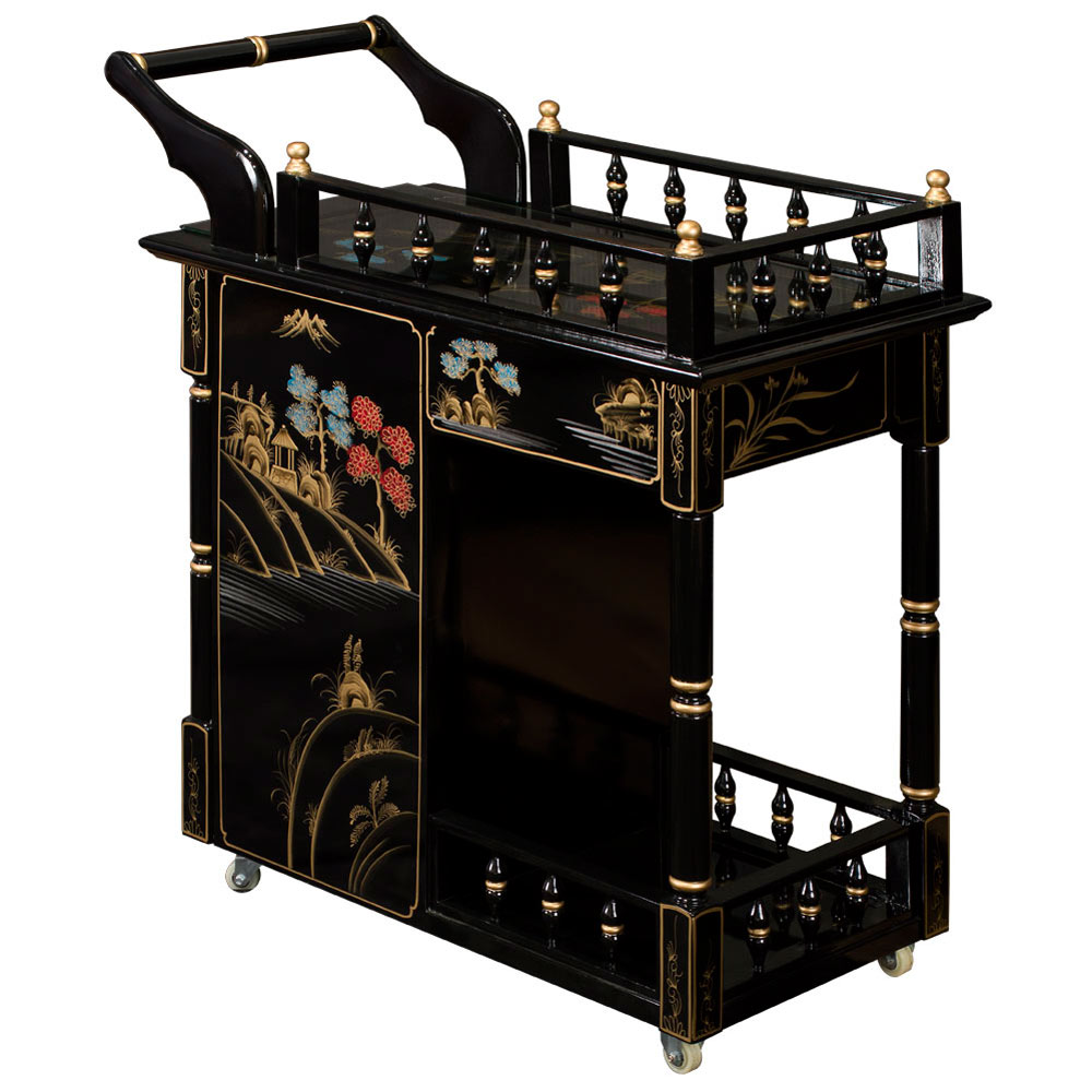 Black Lacquer Chinoiserie Scenery Chinese Tea Cart