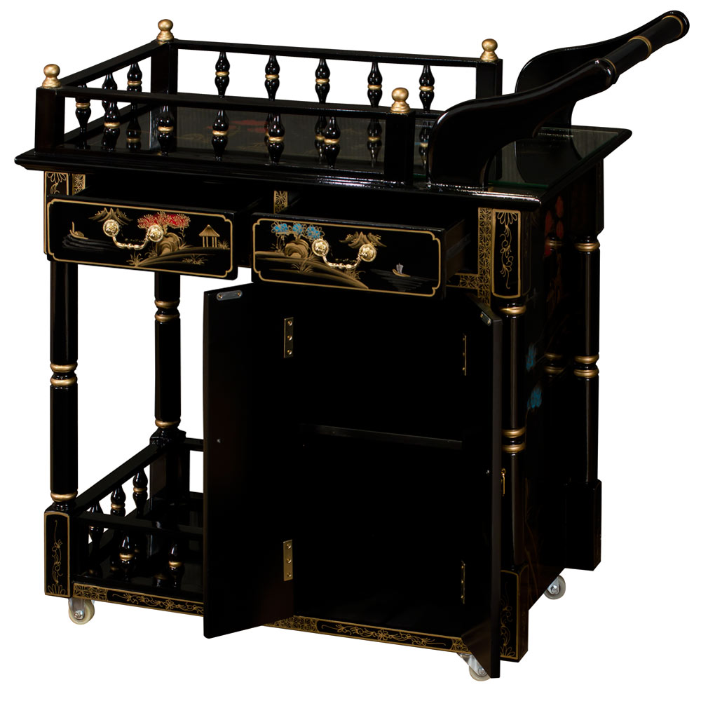 Black Lacquer Chinoiserie Scenery Chinese Tea Cart