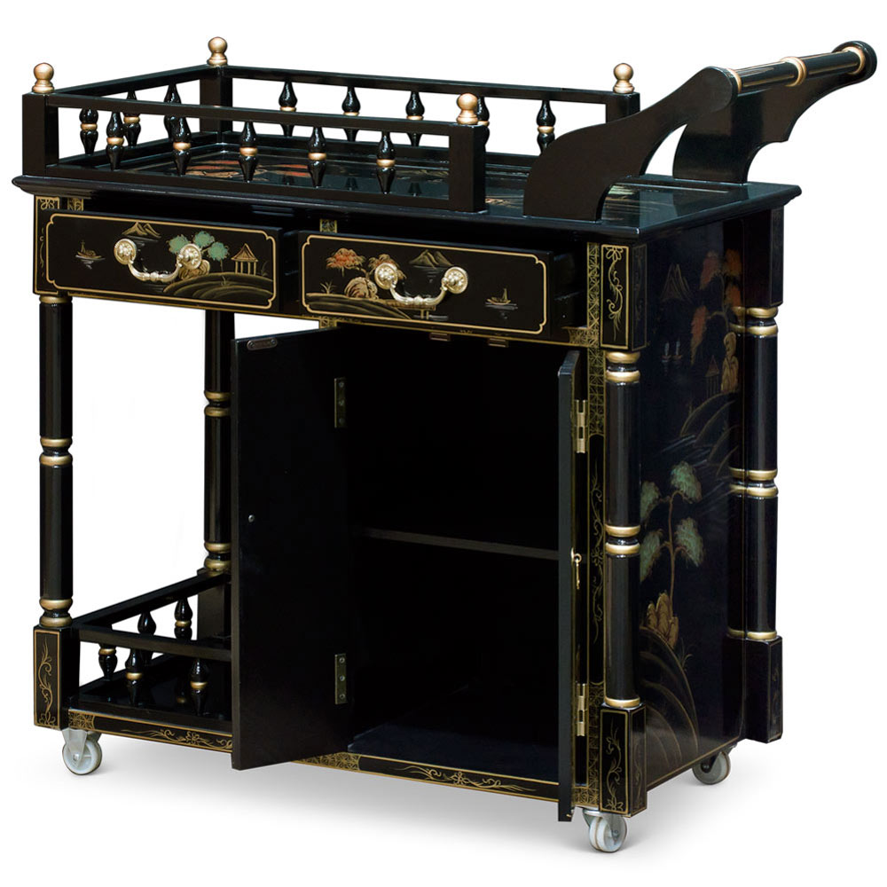 Black Lacquer Chinoiserie Scenery Chinese Tea Cart