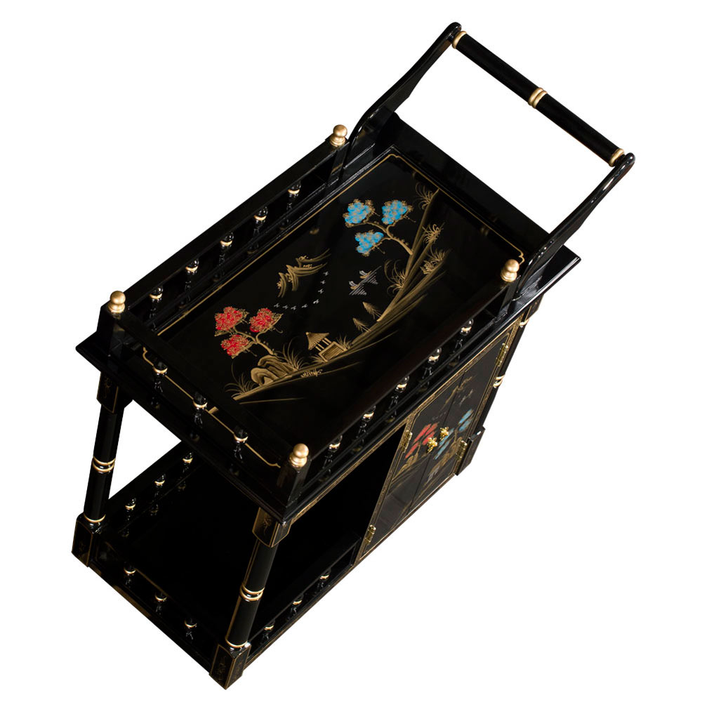 Black Lacquer Chinoiserie Scenery Chinese Tea Cart