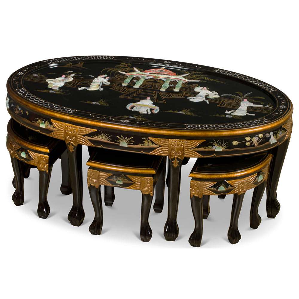 Black Lacquer Mother of Pearl Oval Coffee Table Set