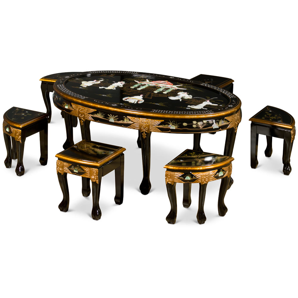 Black Lacquer Mother of Pearl Oval Chinese Coffee Table Set