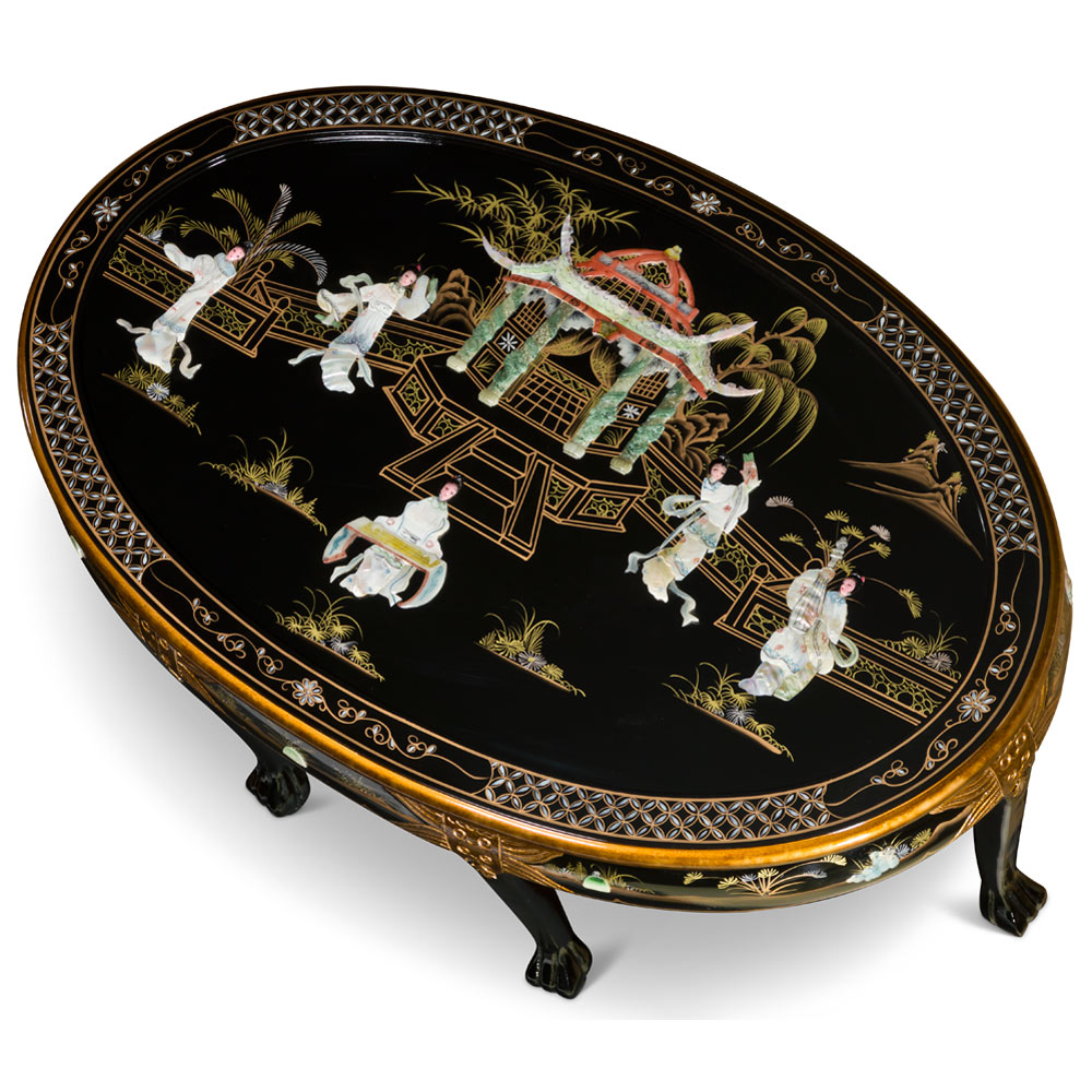 Black Lacquer Mother of Pearl Oval Chinese Coffee Table Set