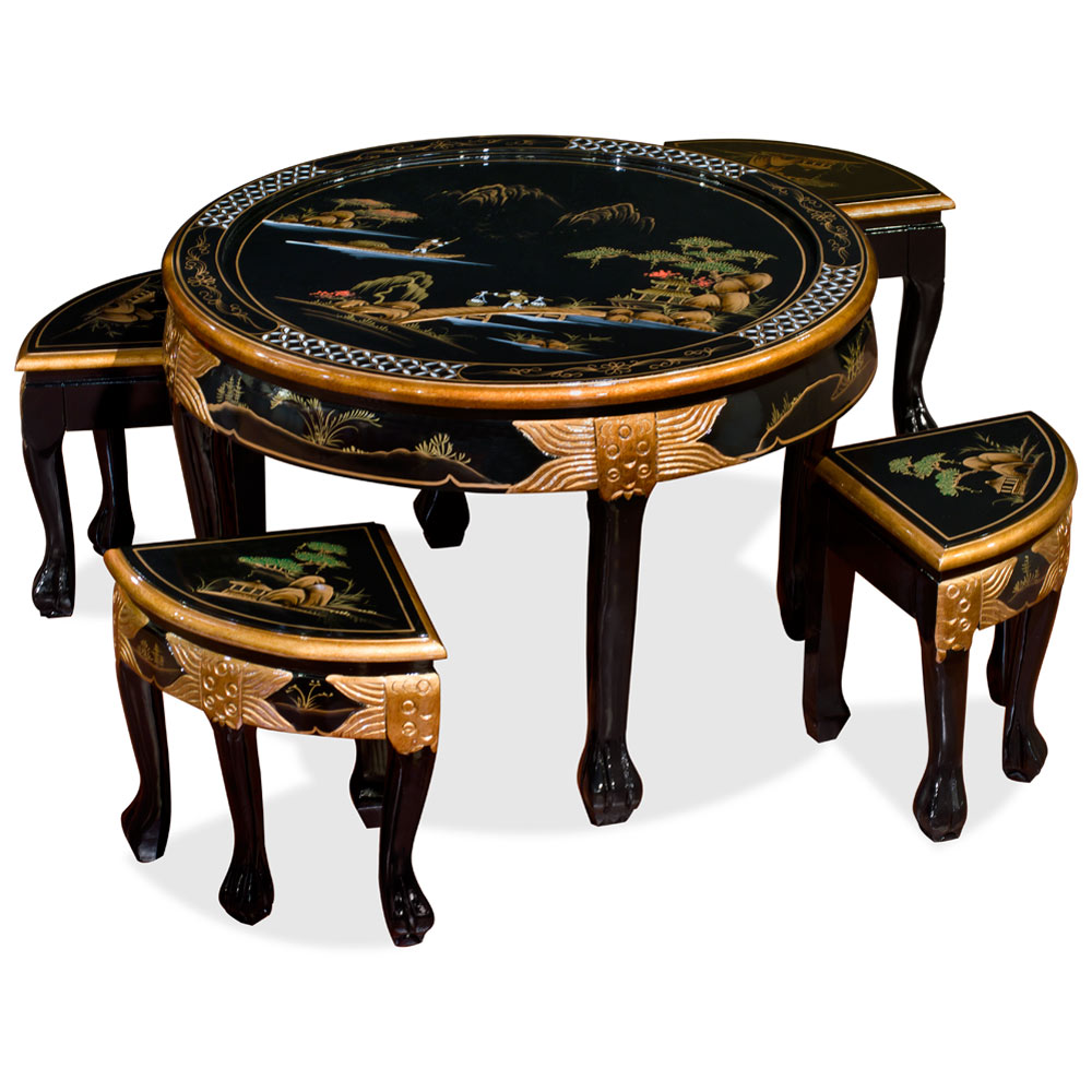 Black Lacquer Chinoiserie Round Asian Coffee Table Set