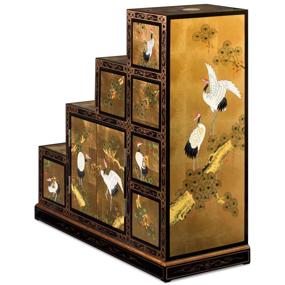 Gold Leaf Hand Painted Crane Motif Japanese Step Tansu Cabinet