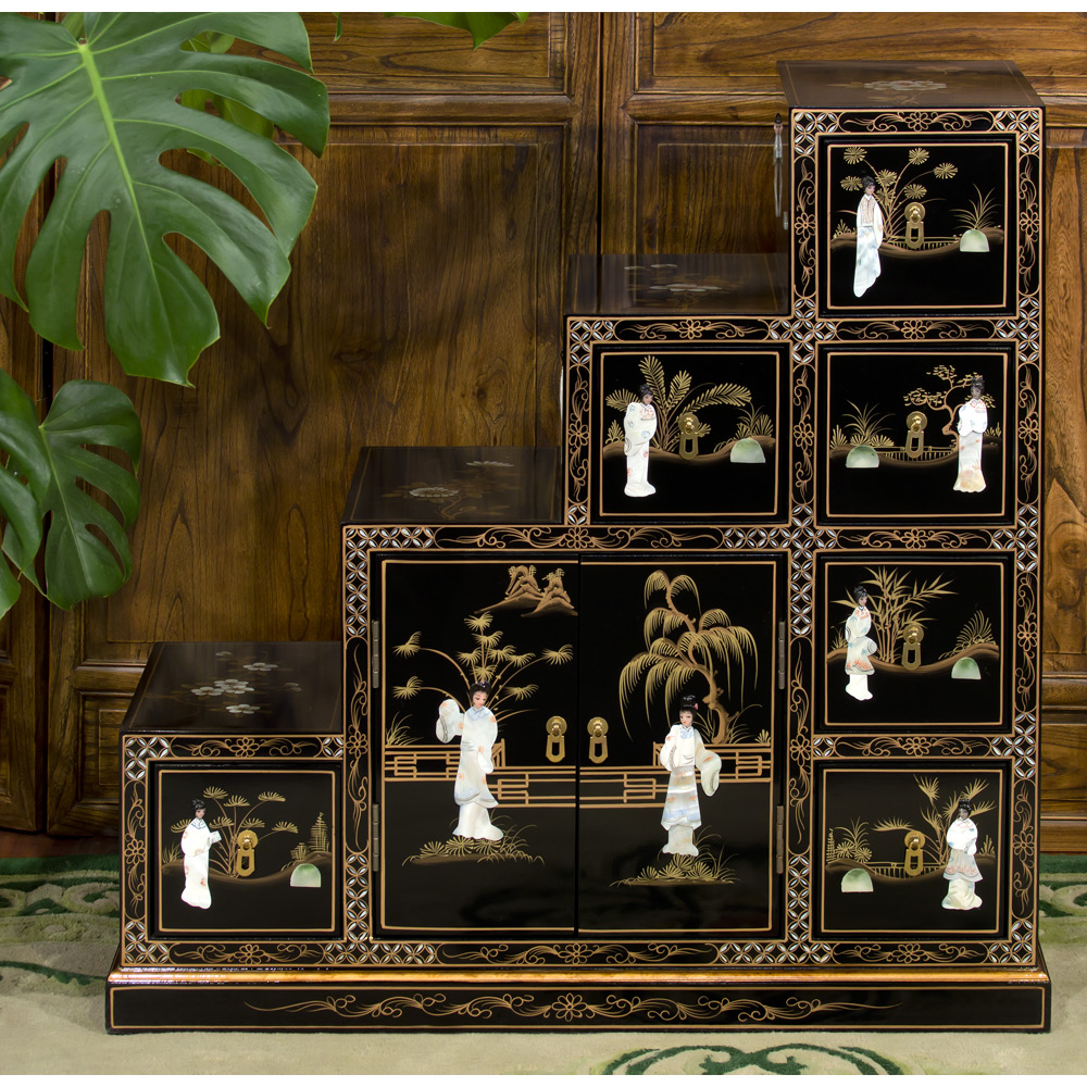 Black Lacquer Mother of Pearl Motif Japanese Step Tansu Cabinet