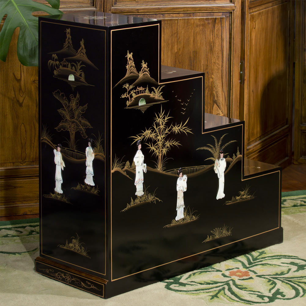 Black Lacquer Mother of Pearl Motif Japanese Step Tansu Cabinet