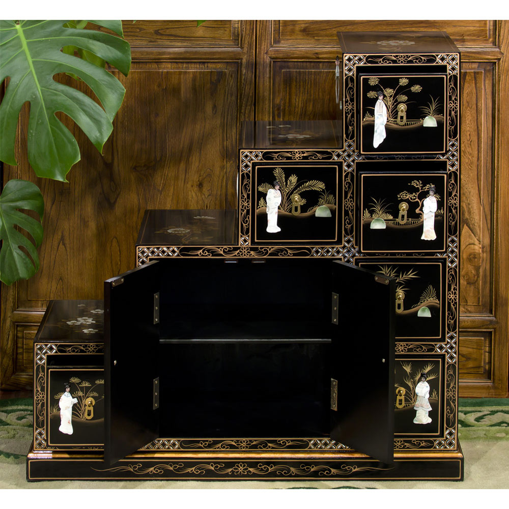 Black Lacquer Mother of Pearl Motif Japanese Step Tansu Cabinet